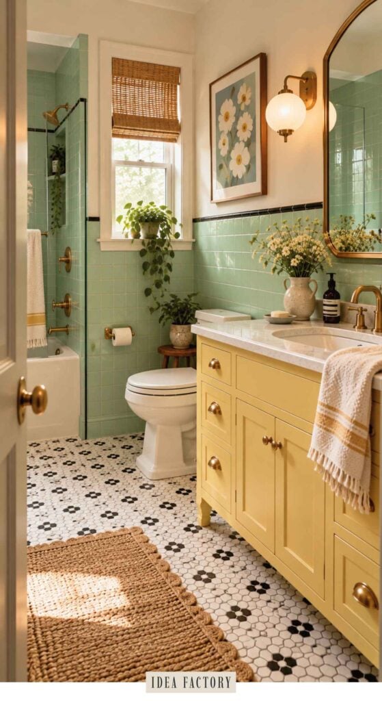Bathroom with mint green tiled walls, a yellow vanity, and a black and white mosaic floor.