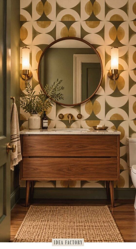 Bathroom vanity with a wooden cabinet and marble countertop, centered below a round mirror against geometric patterned wallpaper.