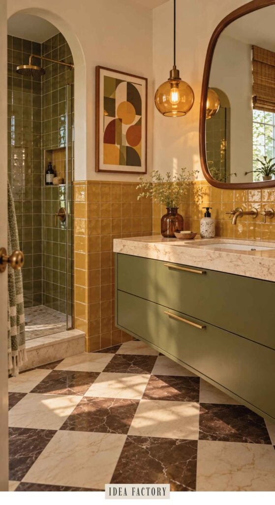 A bathroom with green olive cabinets, a stone countertop, mustard-yellow wall tiles, and brown and white checkered floor tiles.