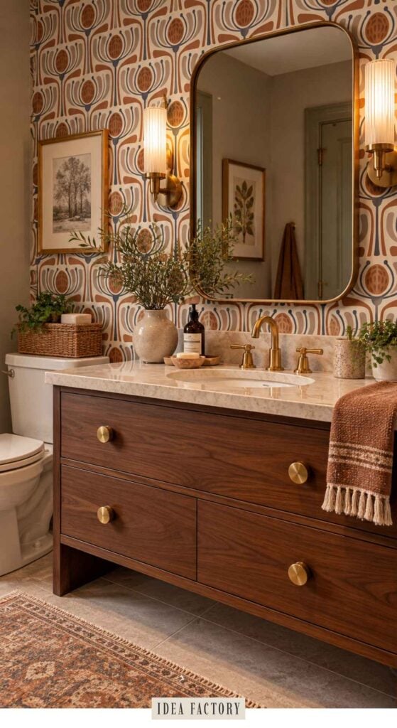 A wood bathroom vanity with a marble countertop, brass faucet, and rounded rectangular mirror, set against patterned wallpaper.