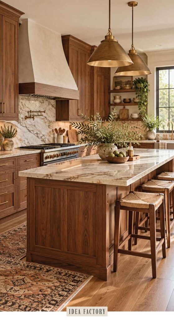 Kitchen featuring wood cabinetry, a large marble-topped island with wooden stools, two brass pendant lights, and a marble backsplash behind the stove.