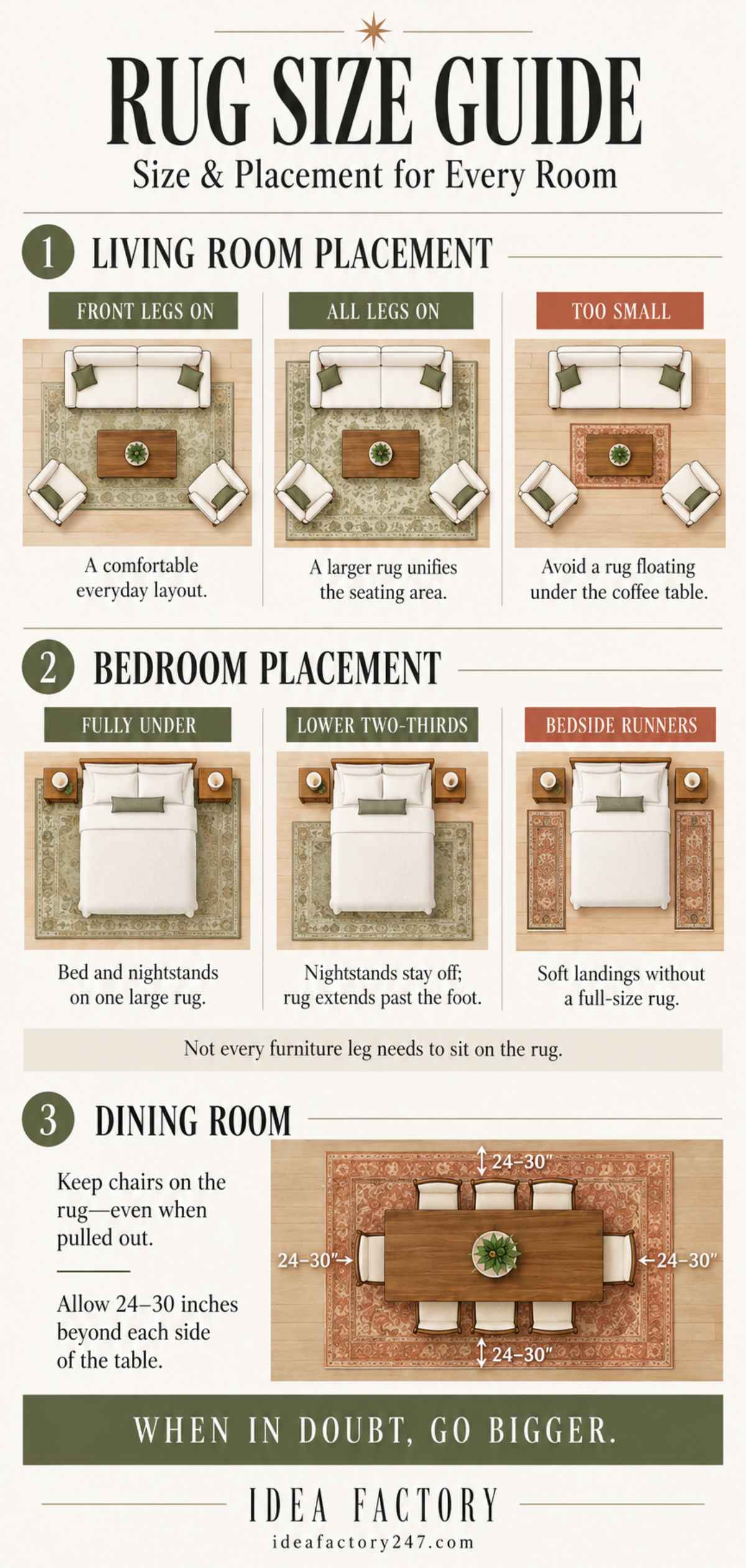 Rug size guide illustrating recommended rug placement under furniture in living rooms, bedrooms, and dining rooms, with tips on sizing and spacing.
