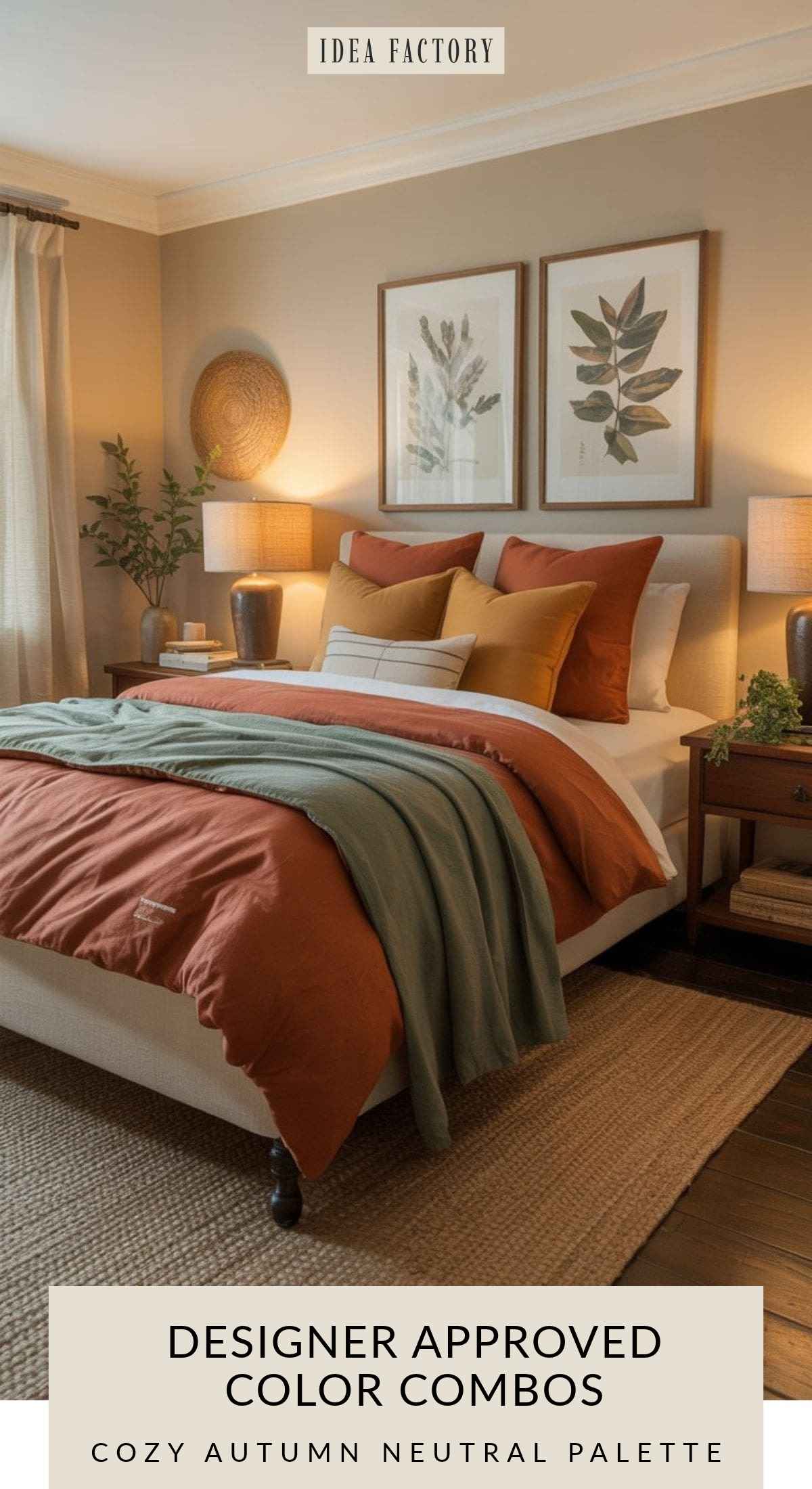 Bedroom with a bed made in rust-orange and green bedding, flanked by two nightstands with lamps and leaf-print wall art.