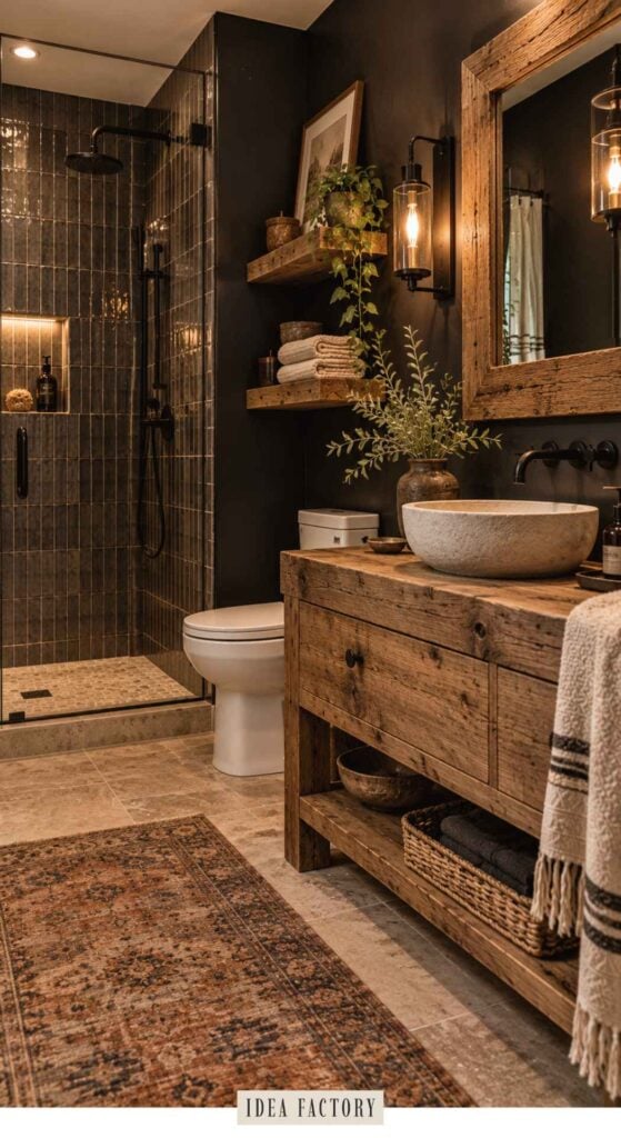 A rustic bathroom featuring a reclaimed wood vanity with a stone vessel sink, open shelving with decor, and a glass-enclosed walk-in shower with dark tiles.