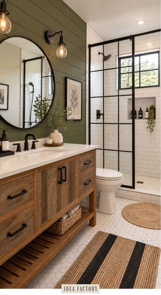 Modern bathroom with a wood vanity, olive green shiplap wall, round mirror, and a walk-in shower with black grid framing.