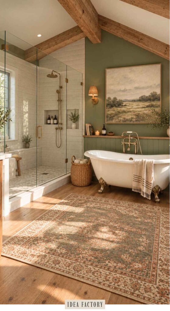 A bathroom with a freestanding clawfoot tub, a glass-enclosed shower, a green accent wall with a landscape painting, and a patterned area rug on wood flooring.