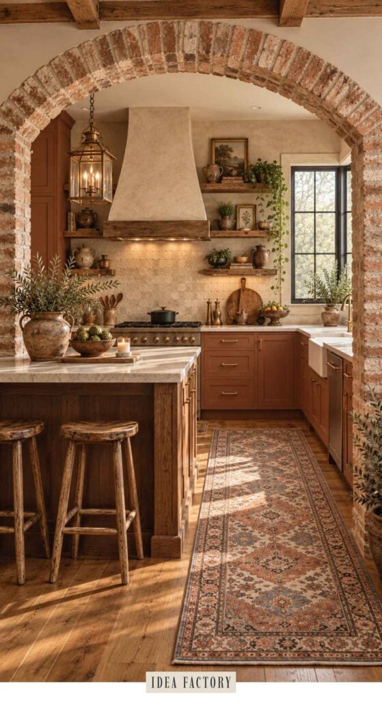 A rustic kitchen with earthy kitchen ideas, featuring a brick archway, wooden cabinets, a large island with two wooden stools, and a patterned runner rug on the floor.