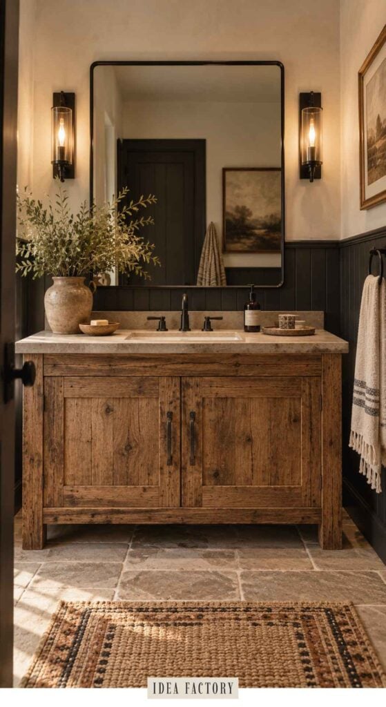 A rustic wooden bathroom vanity with a stone countertop, featuring a rectangular mirror, two wall sconces, and a woven rug on a stone floor.