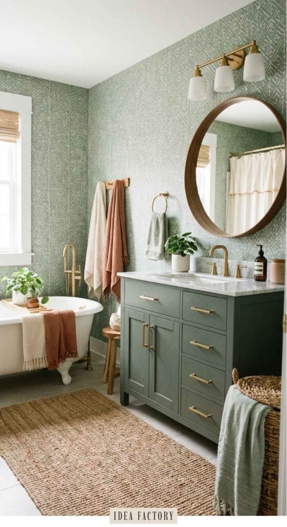 Bathroom with green patterned wallpaper, a clawfoot tub, and a green vanity with gold hardware and a circular wooden mirror.