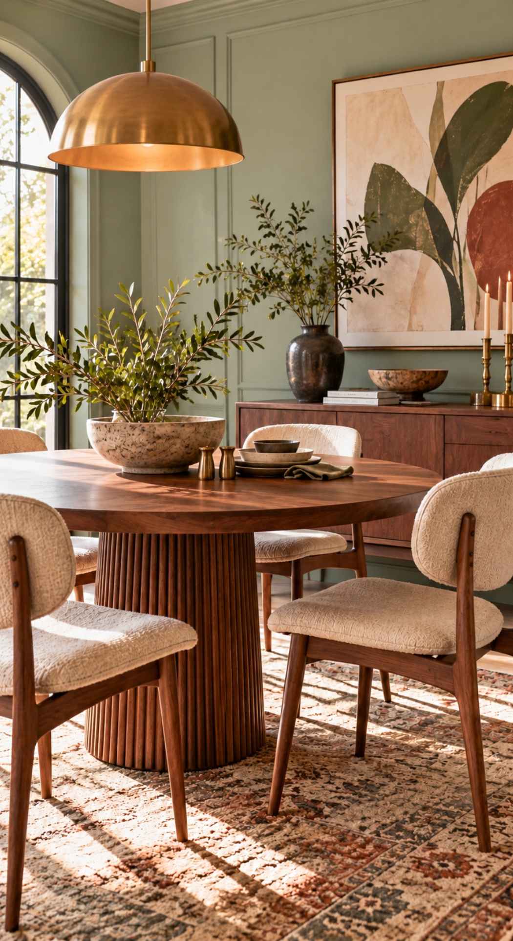 A round wooden dining table with a slatted pedestal base is surrounded by four cream-upholstered chairs beneath a large brass pendant light.