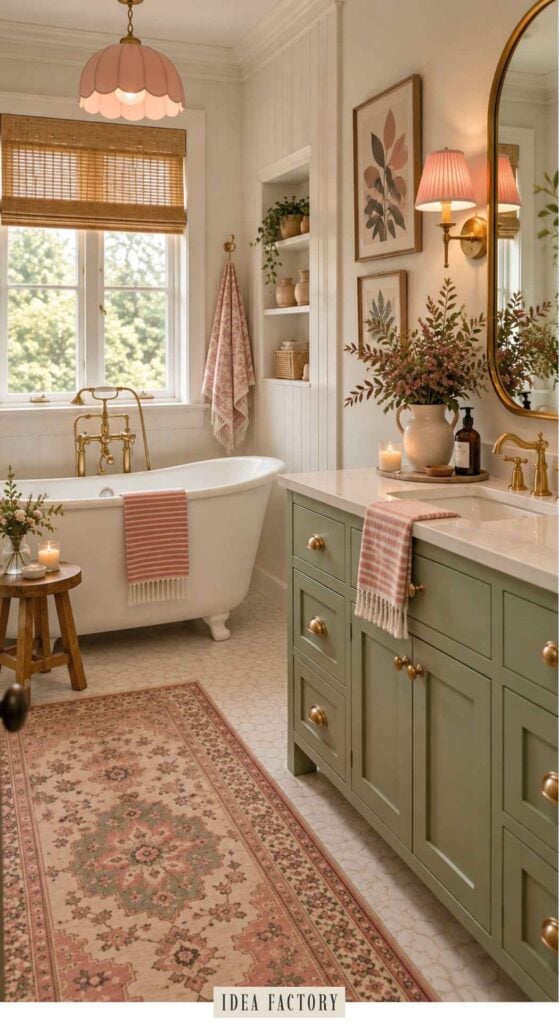 A bathroom featuring a white clawfoot tub under a window, a green vanity with gold hardware, and a floral area rug on a tiled floor.