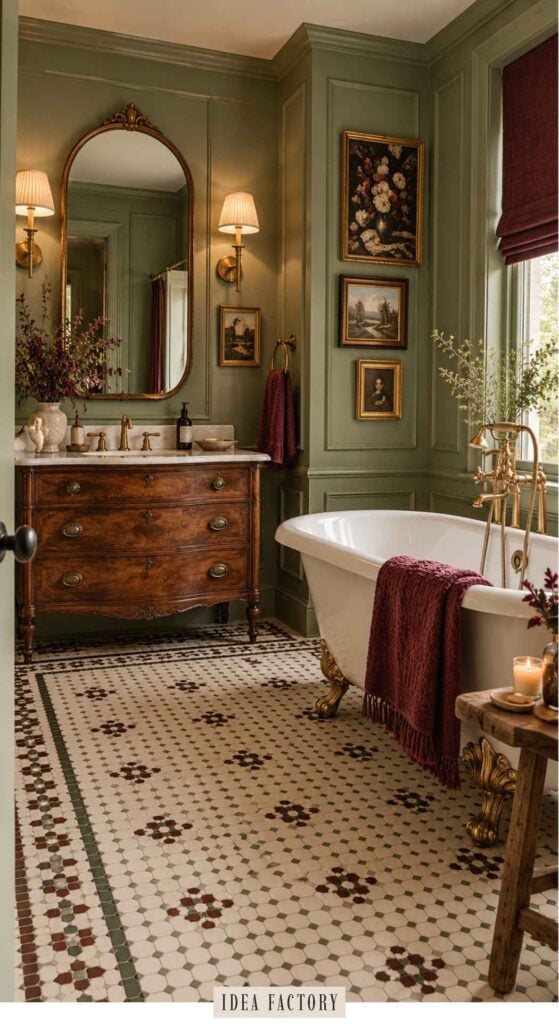 A vintage-style bathroom with sage green paneled walls, a wooden vanity with an arched mirror, and a clawfoot bathtub with gold fixtures.