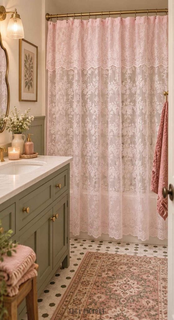 A pink and green bathroom featuring a sage green vanity with a marble countertop, positioned next to a pink lace shower curtain and a matching patterned area rug.