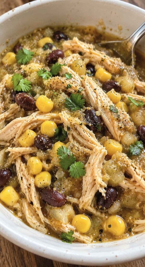 White bowl filled with shredded chicken, black beans, corn, and green salsa, garnished with fresh cilantro in this healthy crockpot recipe.
