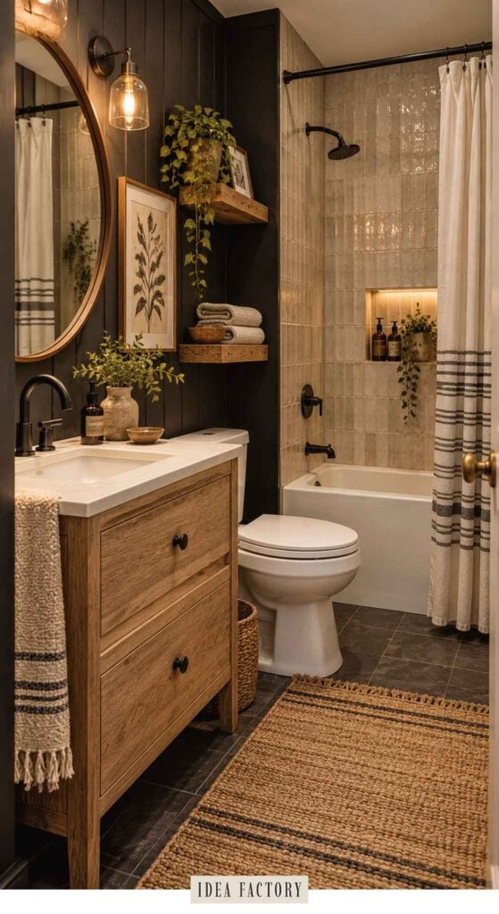 A small, modern bathroom featuring a wood vanity, a round mirror, and a bathtub with a tiled surround and a striped shower curtain.