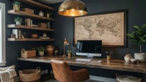A small, moody office featuring a large wooden desk, a leather office chair, a computer monitor, and a vintage world map framed on a dark wall with wooden floating shelves.
