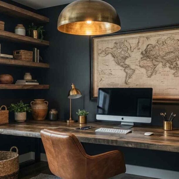 A small, moody office featuring a large wooden desk, a leather office chair, a computer monitor, and a vintage world map framed on a dark wall with wooden floating shelves.