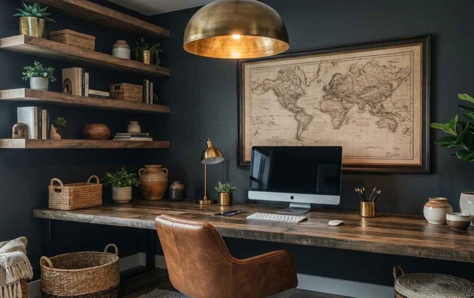 A small, moody office featuring a large wooden desk, a leather office chair, a computer monitor, and a vintage world map framed on a dark wall with wooden floating shelves.