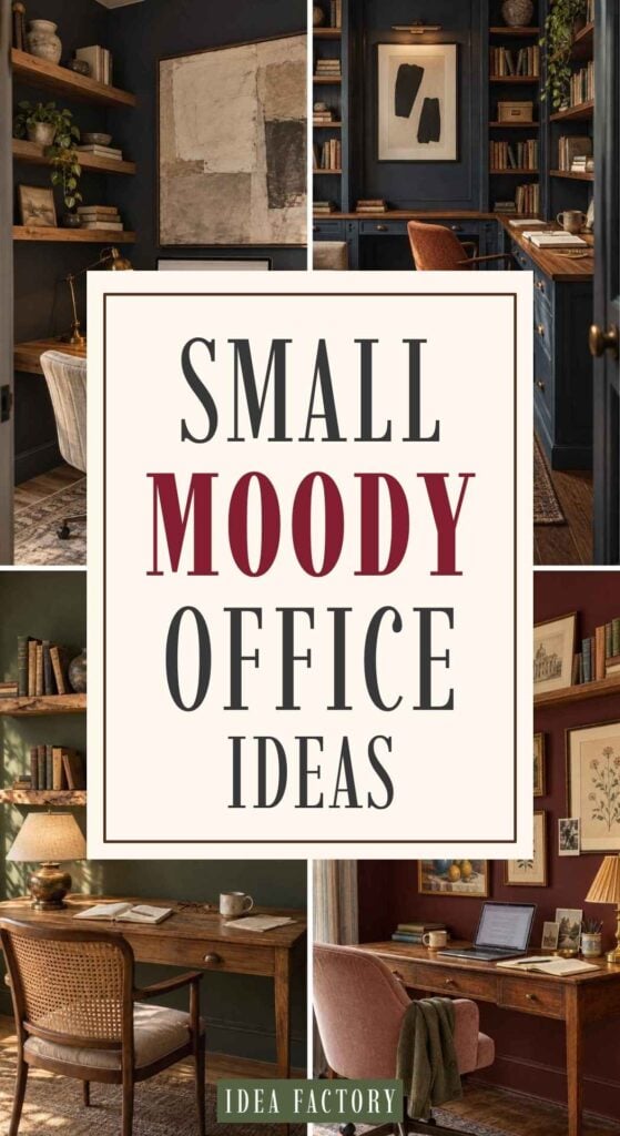 A collage of four small moody office spaces with dark walls and wooden desks, centered around the text SMALL MOODY OFFICE IDEAS.