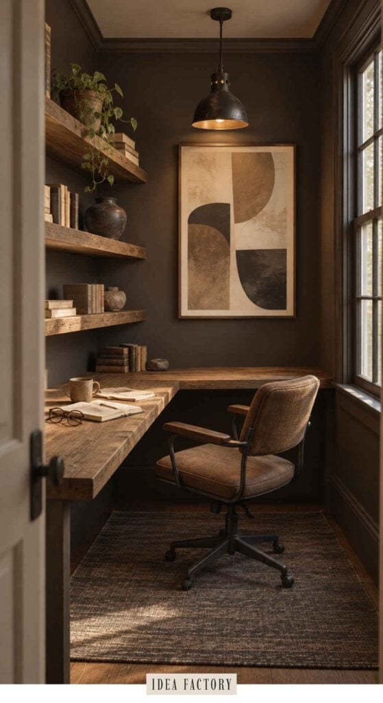 A home office corner with a wooden L-shaped desk, a rolling chair, wall-mounted wooden shelves with books and a plant, and an abstract framed print on the dark wall.
