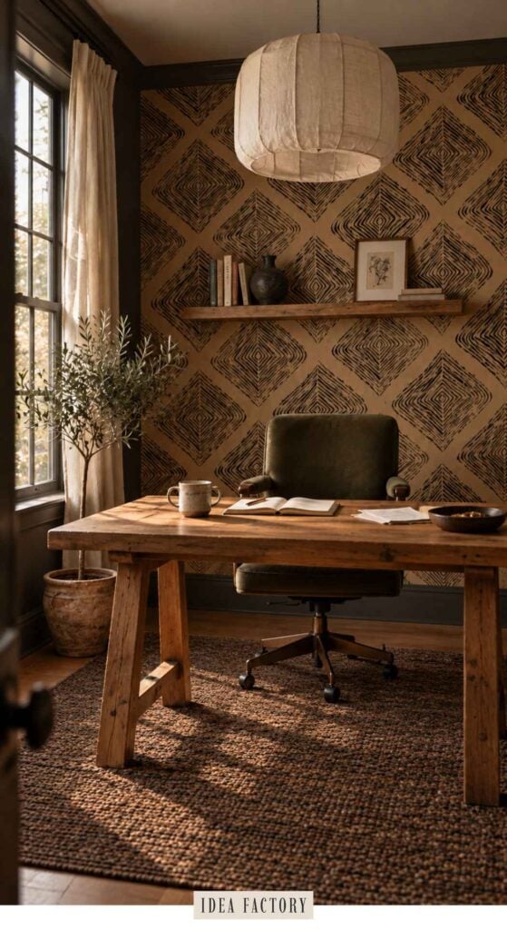 A home office with a wooden desk, an olive green chair, and patterned wallpaper, featuring a window and a hanging pendant light.