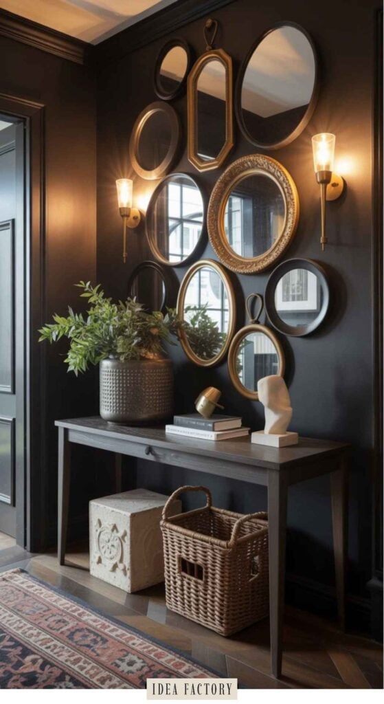 A gallery wall of various mirrors hangs above a dark wood console table, which is decorated with a potted plant, books, and decor, with a woven basket and a stone box placed underneath.