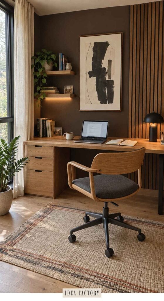 A home office desk with a laptop, open notebook, and mug, paired with a wooden rolling chair in front of a wall with wood paneling and framed art.