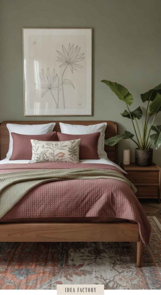 A bed with rose-colored quilted bedding, a sage green throw blanket, and white and floral accent pillows, set against a sage green wall with a botanical print and a potted plant on a wooden nightstand.