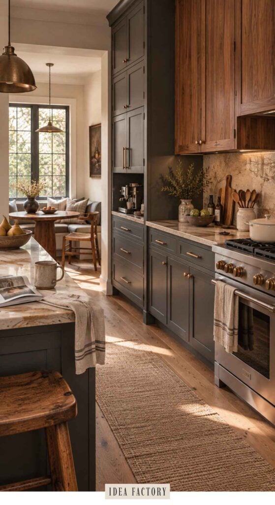A kitchen featuring popular color trends with dark green cabinets, wood upper cabinets, marble countertops, and a dining nook in the background.