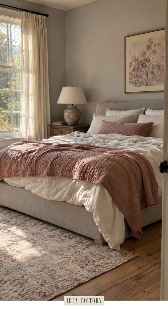 A made bed with white bedding, a dusty rose quilt and bolster pillow, and a table lamp on the bedside table.