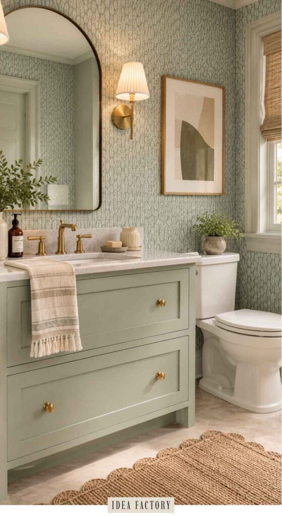 A sage green bathroom vanity with a marble countertop, gold faucet, and matching wall sconce, featuring patterned green wallpaper and a rounded mirror.
