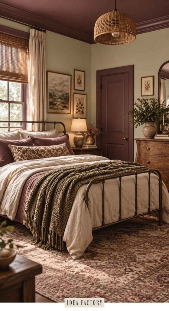 Bedroom with a metal bed frame and layered bedding featuring a green knit throw, set against sage green walls and deep plum painted trim that captures dark mauve bedroom ideas.