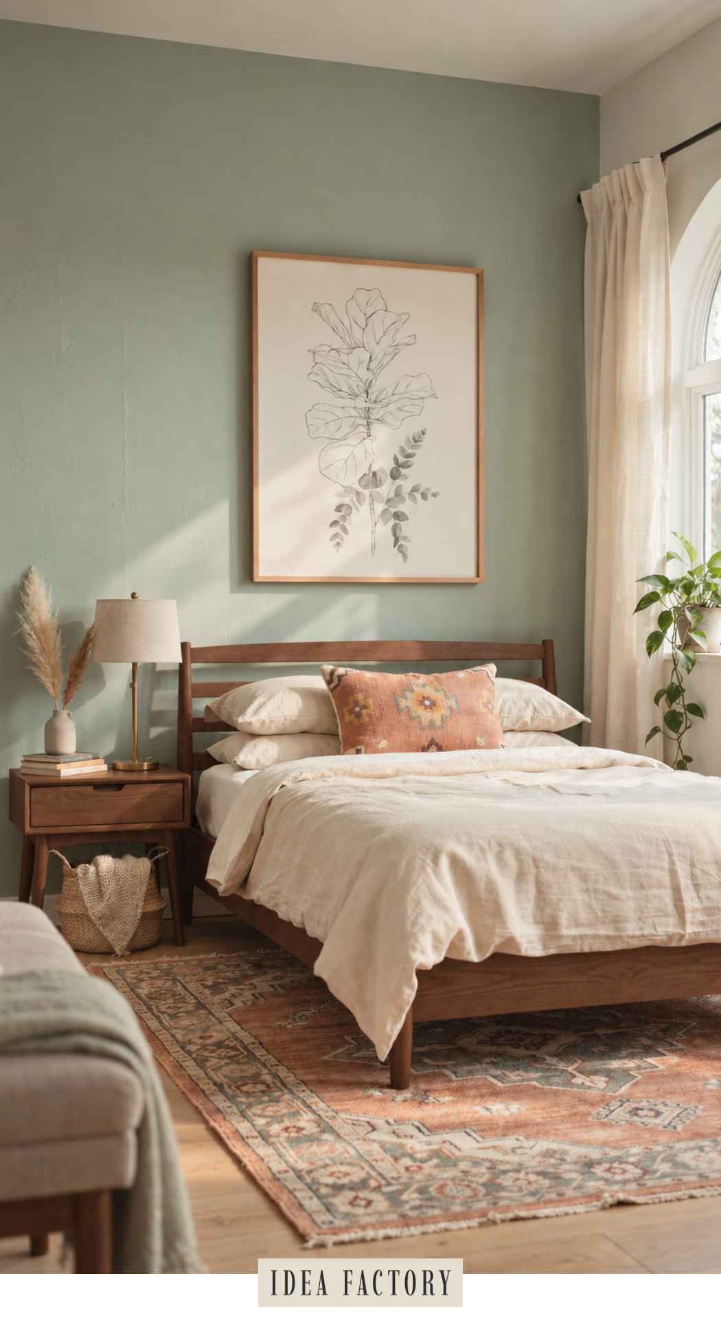 Bedroom with a wooden bed frame, beige bedding, a patterned throw pillow, a wooden nightstand with a lamp, and a large botanical line-art print on a sage green wall.