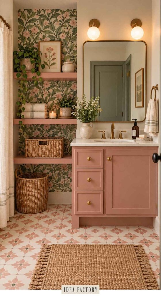 A pink and green bathroom featuring a dusty pink vanity, floral wallpaper, open shelves with baskets and decor, a rounded mirror, and patterned floor tiles.