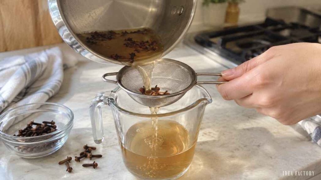 A hand pours DIY mouthwash containing whole cloves through a fine-mesh strainer into a glass measuring cup.