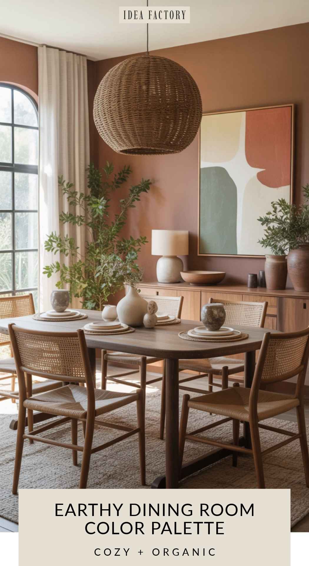 A dining room featuring a wooden table with woven chairs, a large round pendant light, and terracotta-colored walls decorated with abstract art.