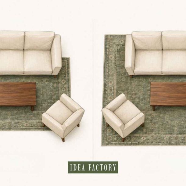 Top-down view of a living room arrangement with a sofa, two armchairs, and a coffee table on a patterned rug, illustrating a rug size guide through two different furniture layouts.