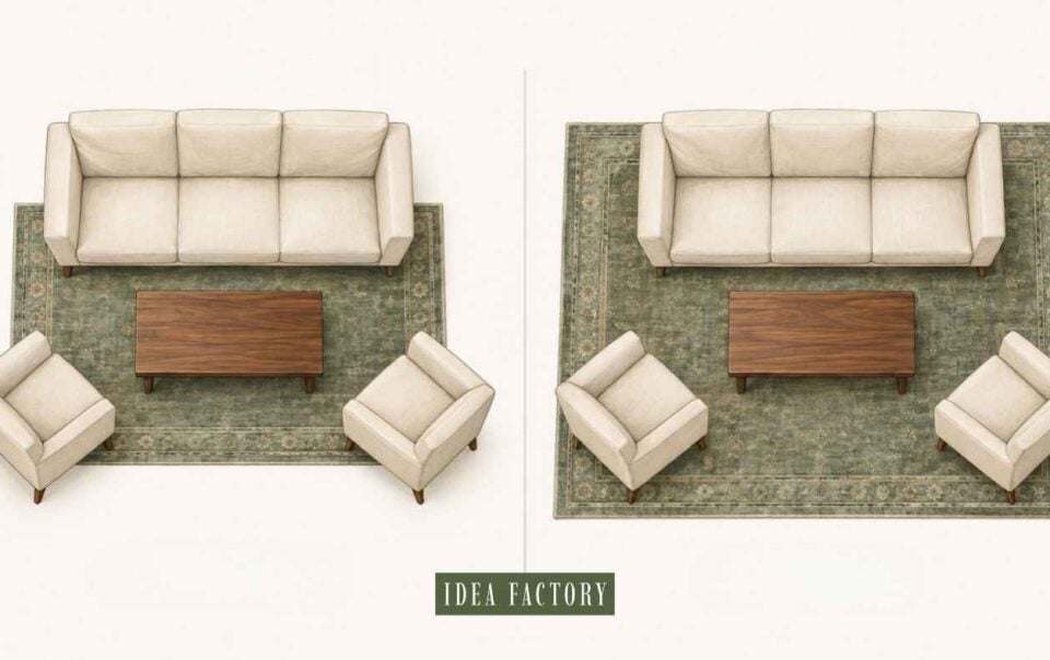 Top-down view of a living room arrangement with a sofa, two armchairs, and a coffee table on a patterned rug, illustrating a rug size guide through two different furniture layouts.