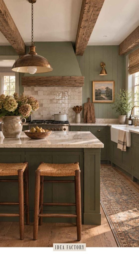 Kitchen with olive green cabinets, a marble-topped island, wooden stools, and a pendant light above, highlighting modern kitchen color trends.
