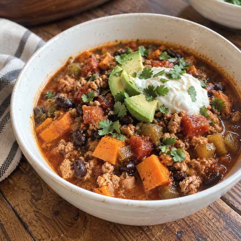 A bowl of healthy crockpot turkey and sweet potato chili topped with avocado slices, sour cream, and cilantro.