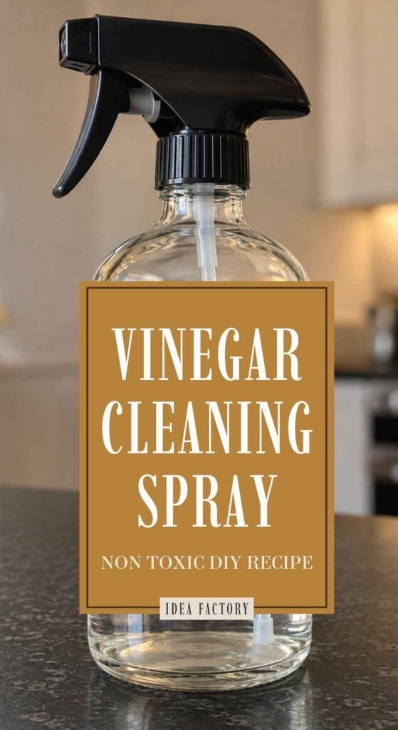 A clear glass spray bottle with a text overlay that reads Vinegar Cleaning Spray, Non Toxic DIY Recipe, Idea Factory.