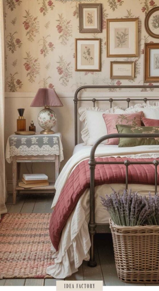 A bedroom with a metal bed frame, a red quilt, floral wallpaper, and a nightstand featuring a lamp and lace-covered table.