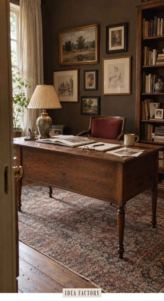 A wooden desk with an open book, lamp, and glasses in a home office featuring a gallery wall and a tall bookshelf.