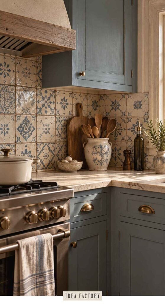 A kitchen corner reflecting current kitchen color trends with blue cabinets, patterned tiles, a stainless steel range, and wooden spoons in a ceramic jar on the countertop.