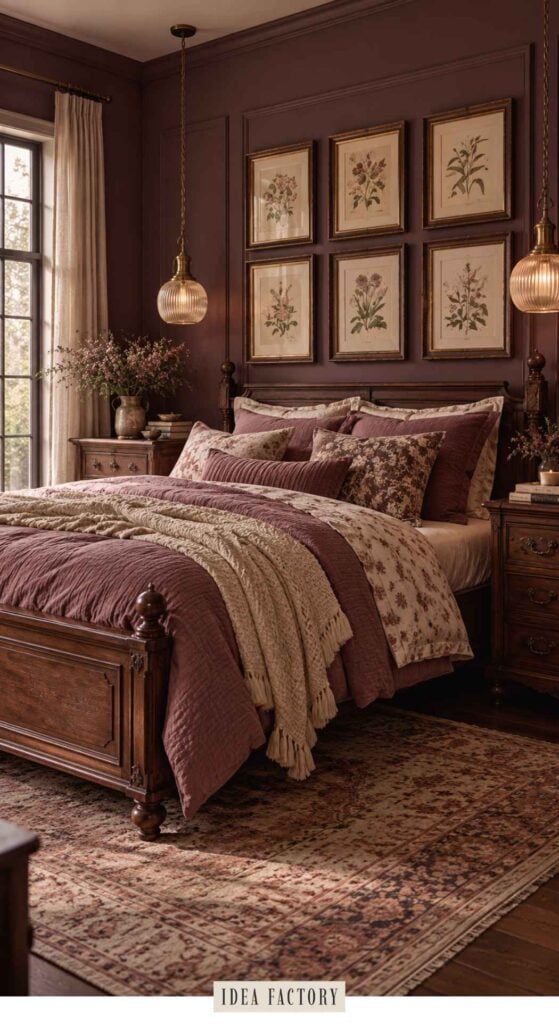 A wooden bed with deep maroon bedding, a cream-colored throw blanket, and a wall gallery of six botanical prints in a dark mauve bedroom.