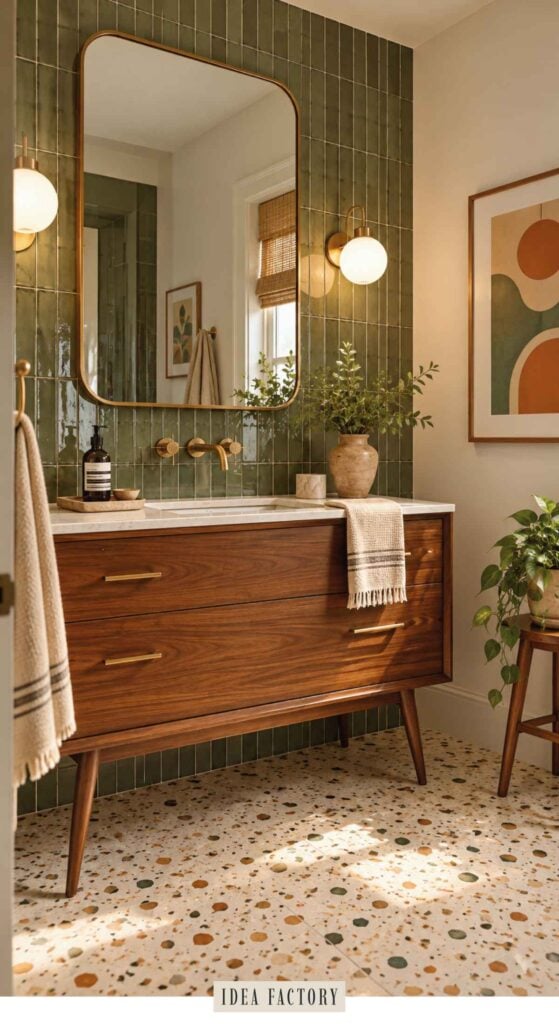 A bathroom with a wooden vanity, a brass faucet, and green tiled walls above a terrazzo floor.