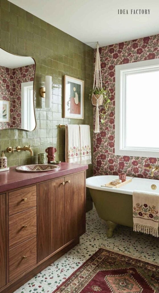 Bathroom with a wooden vanity, a sage green clawfoot tub, olive square wall tiles, and floral wallpaper.