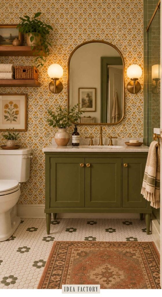 Bathroom vanity with an olive green cabinet, marble countertop, and arched mirror against floral yellow wallpaper.