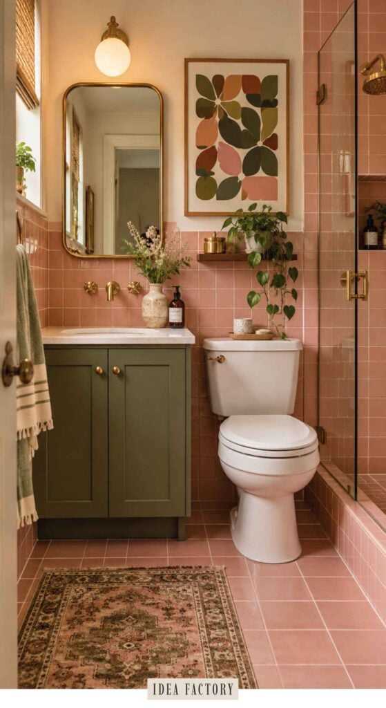 A bathroom featuring pink tiled walls and floors, an olive green vanity, and a white toilet next to a glass-enclosed shower.