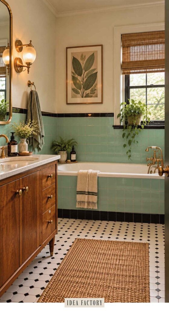 A bathroom featuring a wooden vanity, a bathtub with mint green tile surround, and black-and-white floor tiles.